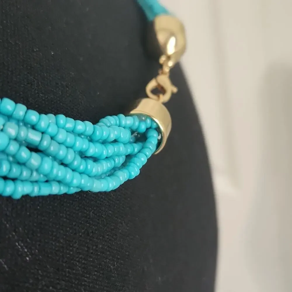 Necklace‎ Blue & Gold Beaded Lobster Claw Clasp